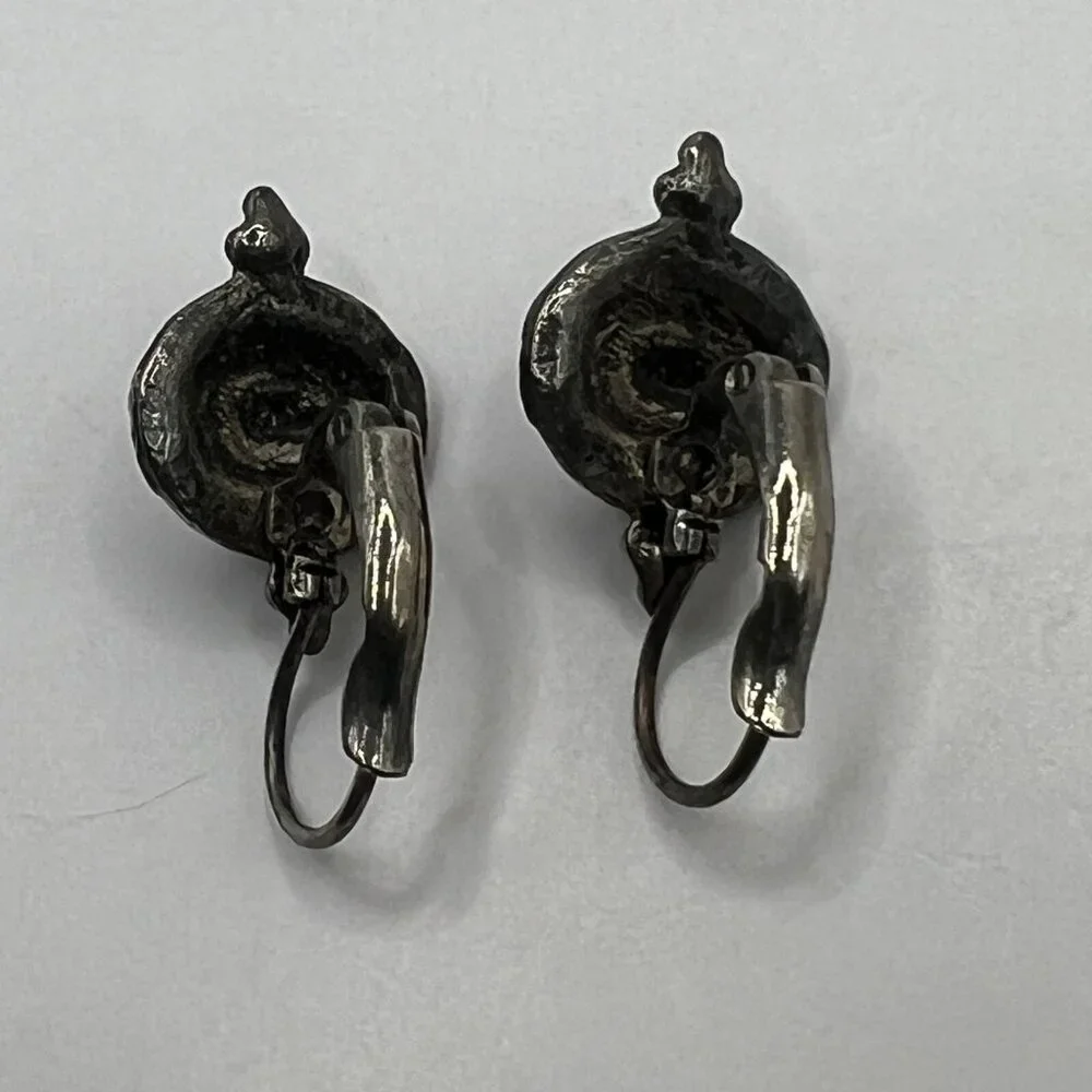 Vintage‎ Pierced Earrings Silver Tone Marcasite Purple Glass Stone